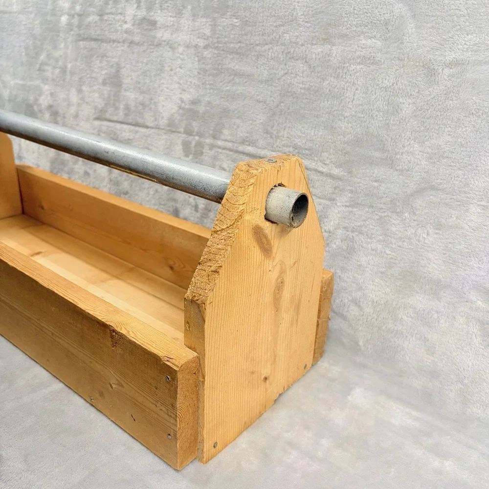 Rustic Handmade Wooden Tool Caddy Tote w/ Metal Pipe Handle Primitive Industrial